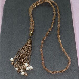 Elegant Gold Tassel Necklace with Pearls